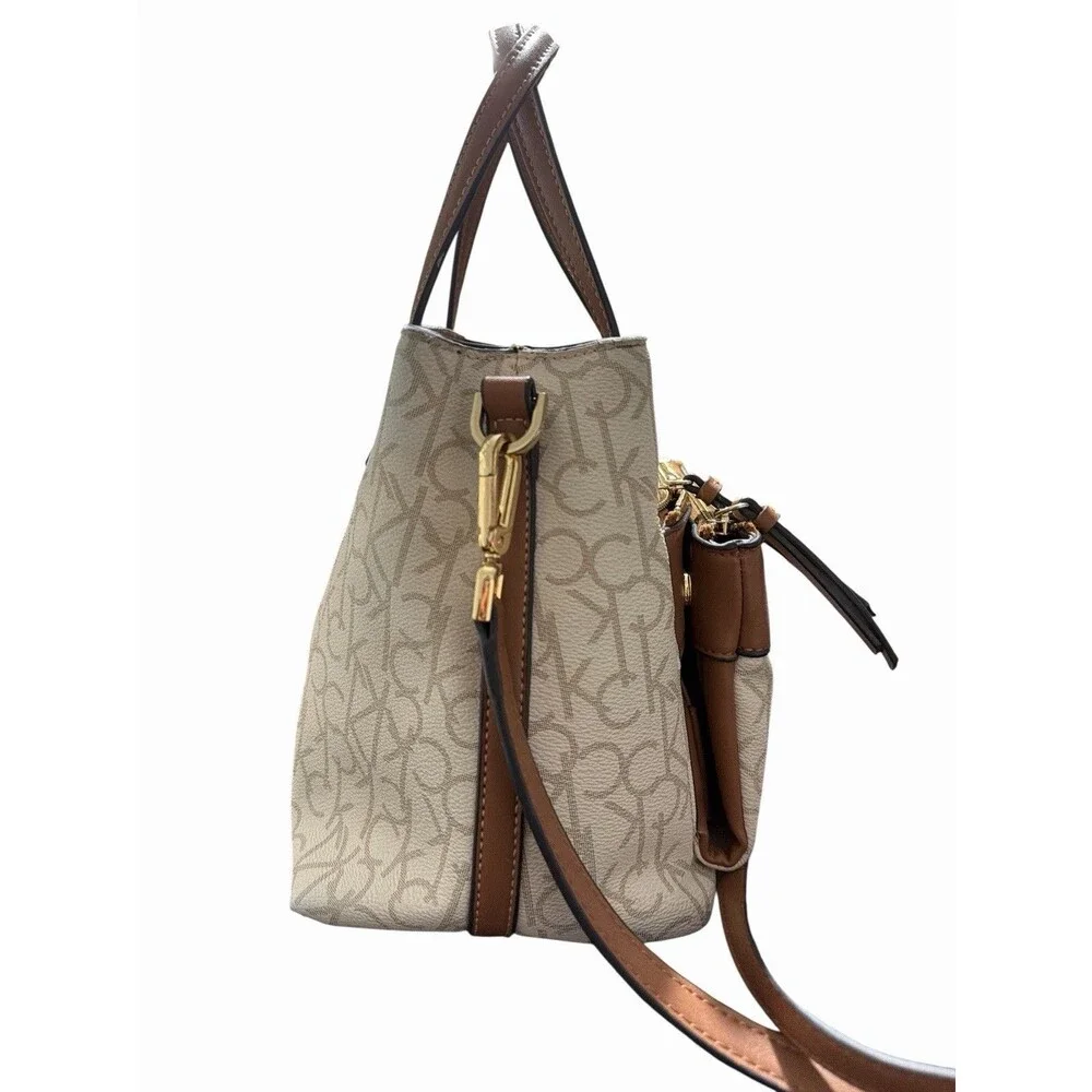 Calvin‎ Klein Signature Monogram Satchel Crossbody Beige Brown Zip Bag
